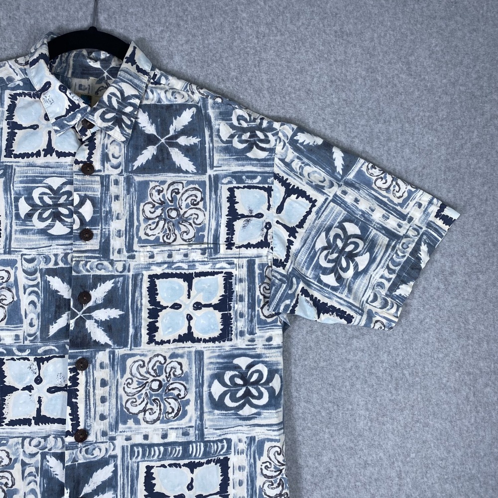 Kahala Button Up Shirt Mens Large Blue Geometric Floral Cotton Hawaii Made - Picture 3 of 16